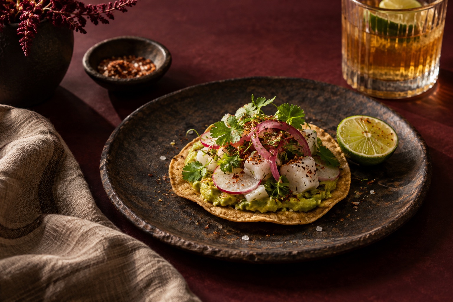 Tostada contemporánea servida en cerámica artesanal